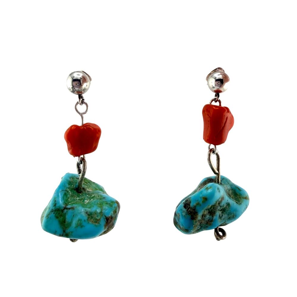 Turquoise Nugget Coral 925 Sterling Silver Handmade Primitive 1.5" Earrings